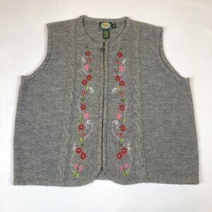 Cabela's Women's Wool Gray Floral Zip Up Embroidered Knit Sweater Vest Size XXL